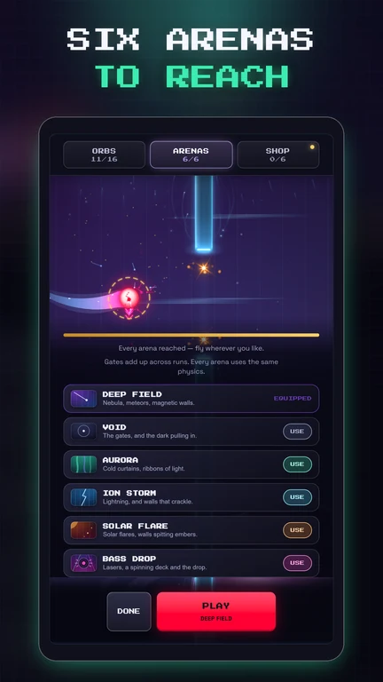 The arena collection lists all six arenas, from Deep Field to Bass Drop