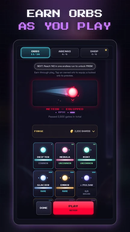 The orb collection with Meteor selected and earned orbs below