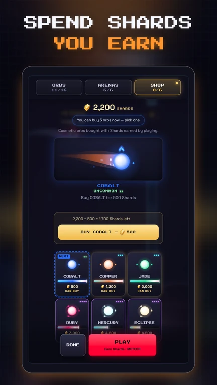 The Shard Shop shows Cobalt and the other cosmetic orbs bought with earned Shards