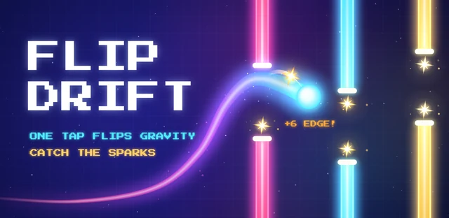 Flip Drift key art: FLIP DRIFT in pixel letters beside a glowing orb catching an amber spark from a neon gate edge