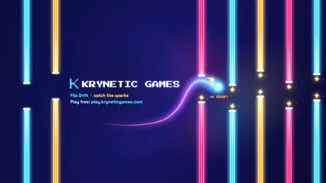 Krynetic Games banner: the pixel K and KRYNETIC GAMES beside neon gates, with a glowing orb catching an amber spark